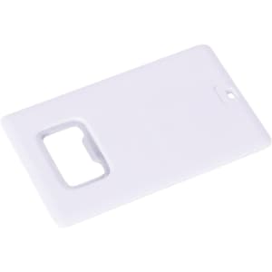 A drink bottle opener and flash drive in a sleek white card shape. Features a cut-out for easy use and a logo.