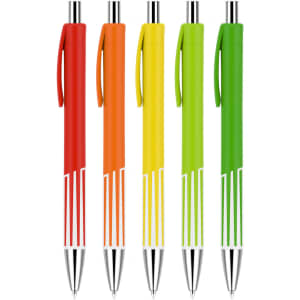 A set of five plastic pens featuring colourful barrels in red, orange, yellow, and green, with silver tips and clips.
