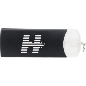 A black USB flash drive with a clear cap and a logo on the side, featuring a sleek and modern design.