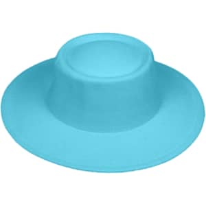 A flat top felt fedora hat in a bright aqua blue colour, featuring a simple design and no visible branding.