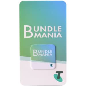 A promotional card featuring a green and blue gradient design with a small square logo and branding.