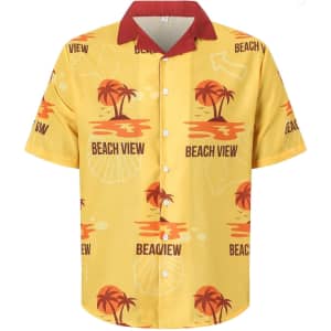 A yellow button-up shirt with a Cuban collar, featuring palm trees and “Beach View” printed on it. It has a red collar.