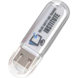 A clear USB flash drive with a silver metallic connector and a simplistic logo on its surface.