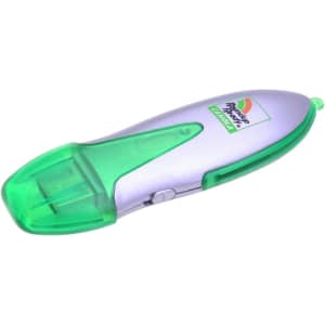 A flash drive with a silver body and a green cap, featuring a logo on the side.