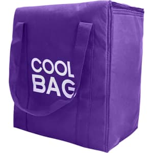 A purple non-woven cooler bag with two handles and a branding logo on the side.