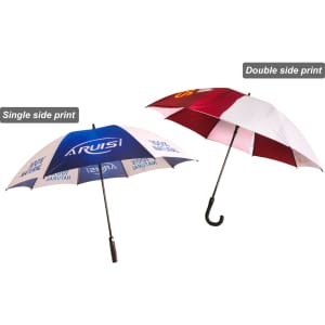 A full colour golf umbrella featuring a blue and white design alongside a red and white design, with a curved handle.