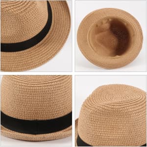 A tan string straw hat featuring a black band, shown from multiple angles, including the interior view.