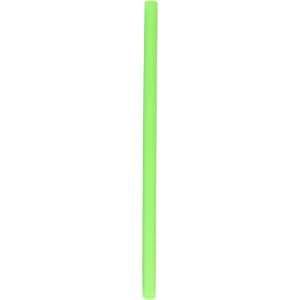 A reusable silicone straw in bright green, featuring a smooth surface and a simple design. It includes a logo.