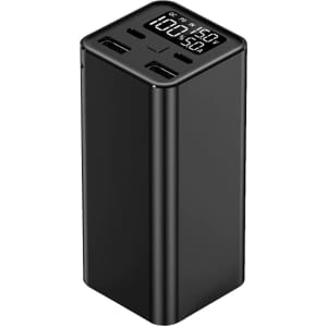 A black 20000mAh 65W laptop power bank featuring multiple USB ports and a digital display. It has a logo on the side.