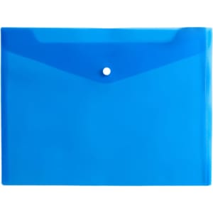 A4 clear file envelope in vibrant blue with a snap button closure and a subtle branding logo.