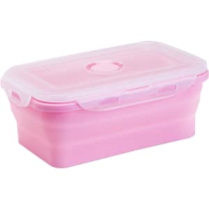 A pink collapsible silicone food storage container with a clear lid and a round vent. Features branding on the lid.