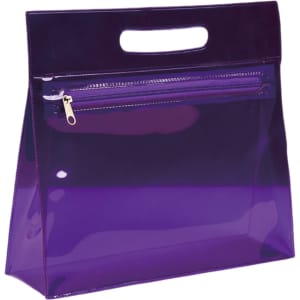A transparent purple cosmetic pouch with a zippered pocket and handle. It features a glossy finish and branding.