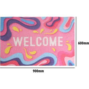 A colourful pink mat featuring a wavy design and a logo, measuring 900mm by 600mm.