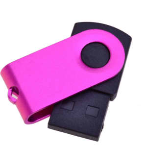 A pink and black Mini Belton Flash Drive with a swivel design and a button. Features a logo on one side.