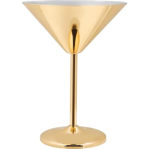 A stainless steel martini goblet with a shiny gold finish and a tapered cup design on a circular base.