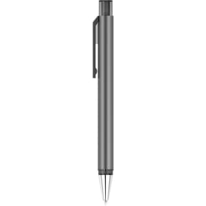 A flat grey pen with a clip, featuring a sleek design and a shiny silver tip.