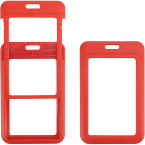 A red ABS double-sided ID card holder, featuring two sections for cards and an opening at the top.
