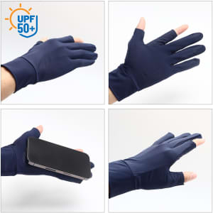 Sun protective gloves in navy blue with two open fingers, featuring a textured grip and a logo.