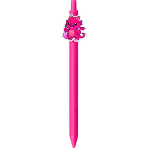 A pink pen with a dragon design on top and a clip. It features a logo on the barrel.