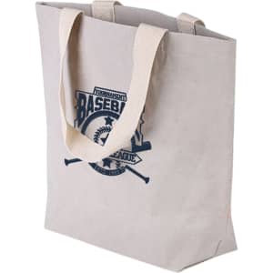 A large beige washable kraft paper bag with cotton handles and a logo on the front.