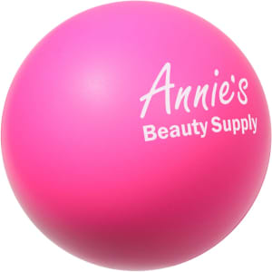 A pink baseball-shaped stress reliever with a logo printed on it.