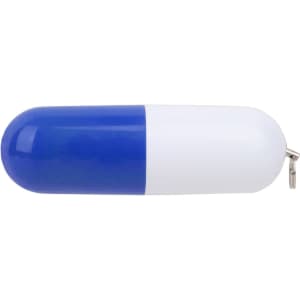 A blue and white pill-shaped flash drive with a keyring attachment, featuring a smooth, shiny surface.
