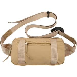 A beige travel fanny pack with a zippered front pocket and an adjustable strap. It features a simple logo.