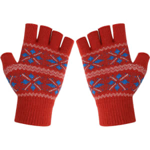 Red jacquard fingerless gloves featuring a snowflake pattern in blue and white. The gloves have an elasticated cuff.