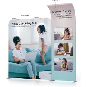A curved fabric banner stand featuring images of a woman using a laptop and a child wearing headphones, in blue and grey tones.