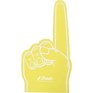 A giant foam hand in bright yellow, shaped like a raised finger, featuring a logo on the bottom.