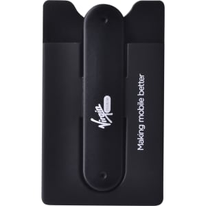 A black Smart Wallet Stand with a logo, designed to hold cards on the back of a phone.