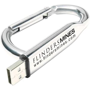 A silver carabiner USB flash drive with a branding label and a sleek, compact design.