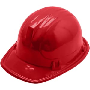 A red PVC construction hat with a glossy finish, featuring a simple design and a small logo.