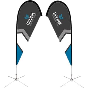 Two large teardrop banners, predominantly black and grey with blue accents, featuring a logo.