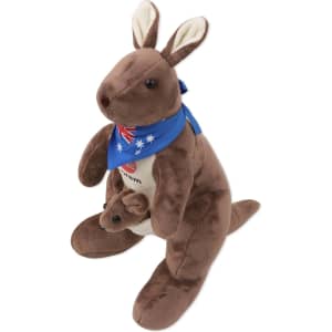 A brown kangaroo plush toy featuring a baby kangaroo in its pouch, wearing a blue bandana.
