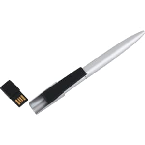 A silver click pen with a black grip and a detachable USB memory stick.