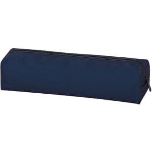 A coloured pencil case in navy blue with a zipper closure. Features a rectangular shape and a branding logo.