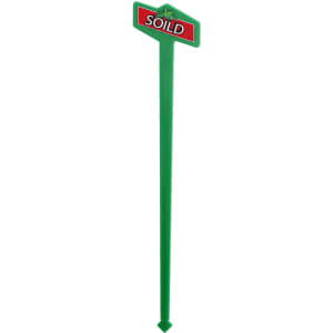 A green drink stirrer with a top shaped like a sign, featuring a logo.