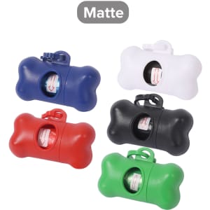 A collection of five matte pet waste bag dispensers in red, blue, white, black, and green, shaped like bones.