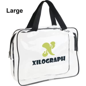 A clear toiletry bag with black trims and handles, featuring a logo on the front.