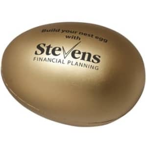 A gold egg-shaped stress reliever with a logo on the surface, designed for fun and relaxation.