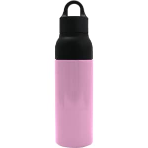 A drink bottle in pink with a black lid and a handle. Features a logo on the surface.