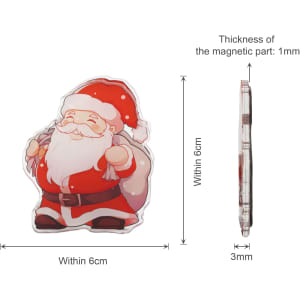 Acrylic magnetic clip in the shape of a smiling Santa Claus, predominantly red and white, measuring 6cm wide.