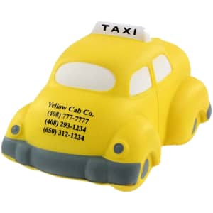 A yellow taxi-shaped stress reliever with grey accents and a logo on the side.