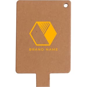 A brown eco-friendly flash drive with a rectangular shape and a logo in yellow. It features a hole for attachment.