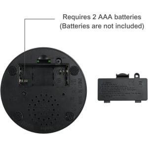 A black voice recording button with a battery compartment for two AAA batteries and a smaller attached panel.