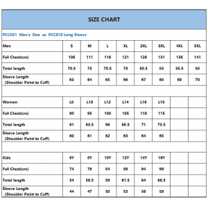 A size chart displaying measurements for men's, women's, and kids' long sleeve polos, including chest and length sizes.