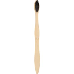 A large toothbrush with a wavy wooden handle and black bristles, featuring a branding logo on the handle.