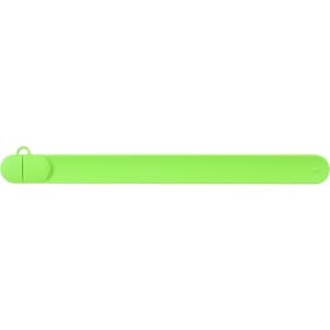 A bright green silicone slap band flash drive with a secure cap and a loop for attachment.