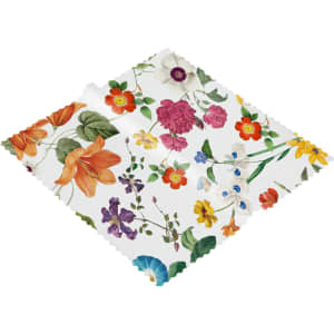 A floral-patterned RPET lens cloth with vibrant colours including orange, purple, and yellow on a white background.